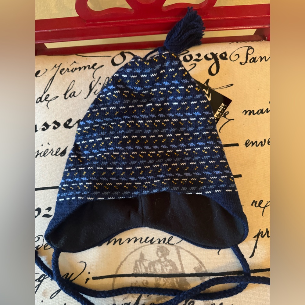 Merkley Headgear Dotted Euro Pomflap Hat Navy Blue Fleece Lined NWT